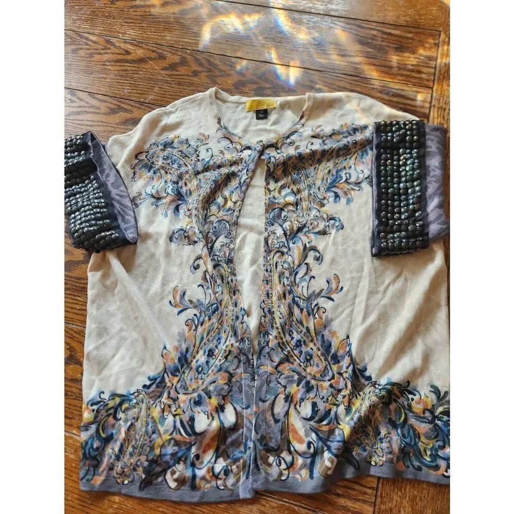 St John SoCa floral studded sleeves wool blend sweater sz Large